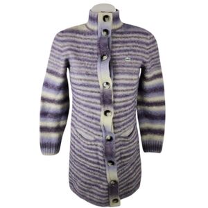 Lacoste Wool Button Front Long Cardigan Mock Neck Striped Purple Cream Size 44